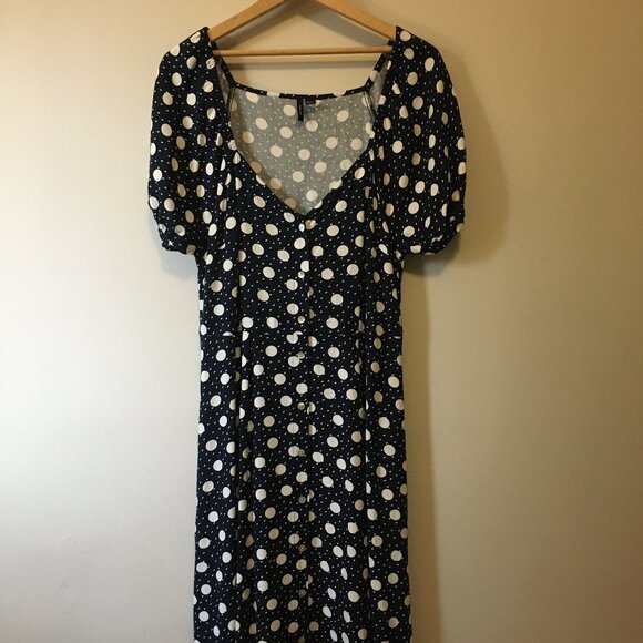 Linen Blend Polka Dot Button Down Puff Sleeve Maxi Dress - Picture 3 of 16